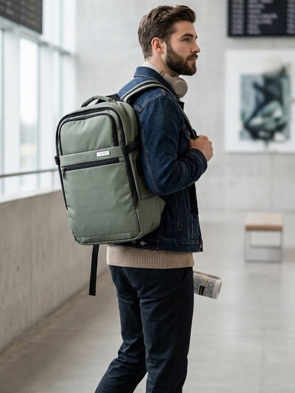 DUCHAMP London Expandable Carry On Travel Backpack suitcase USB in THYME